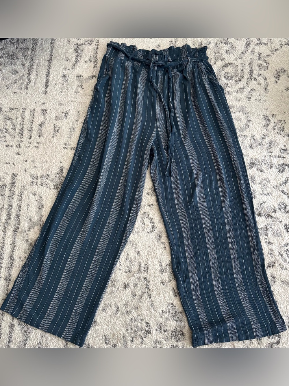 Wide Leg Striped Paperbag Waist Pants - Navy